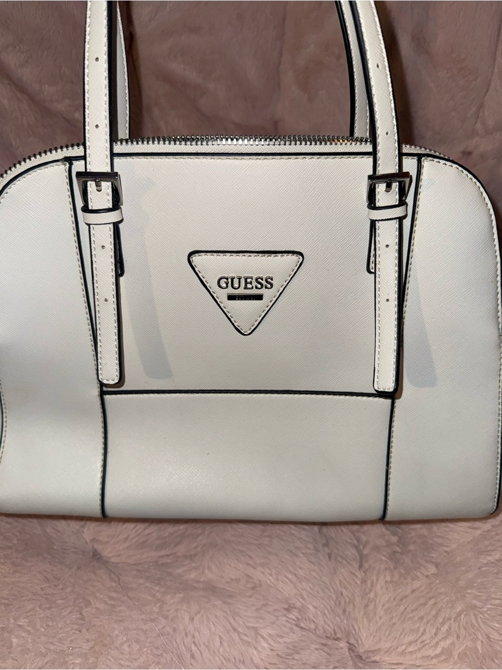 GUESS White Double-Handle Dome Satchel with Black Trim